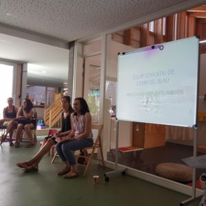 Equip educatiu de l'EBM elCel Blau exposant amb projecció el seu projecte