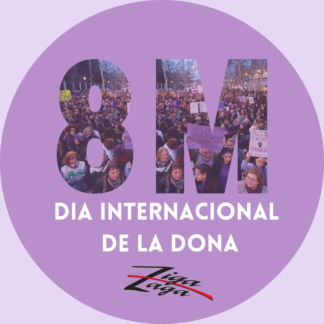 8M que deixa veure imatge de la manifestació de 2024 a través. Fons cercle lila sobre fons malva.