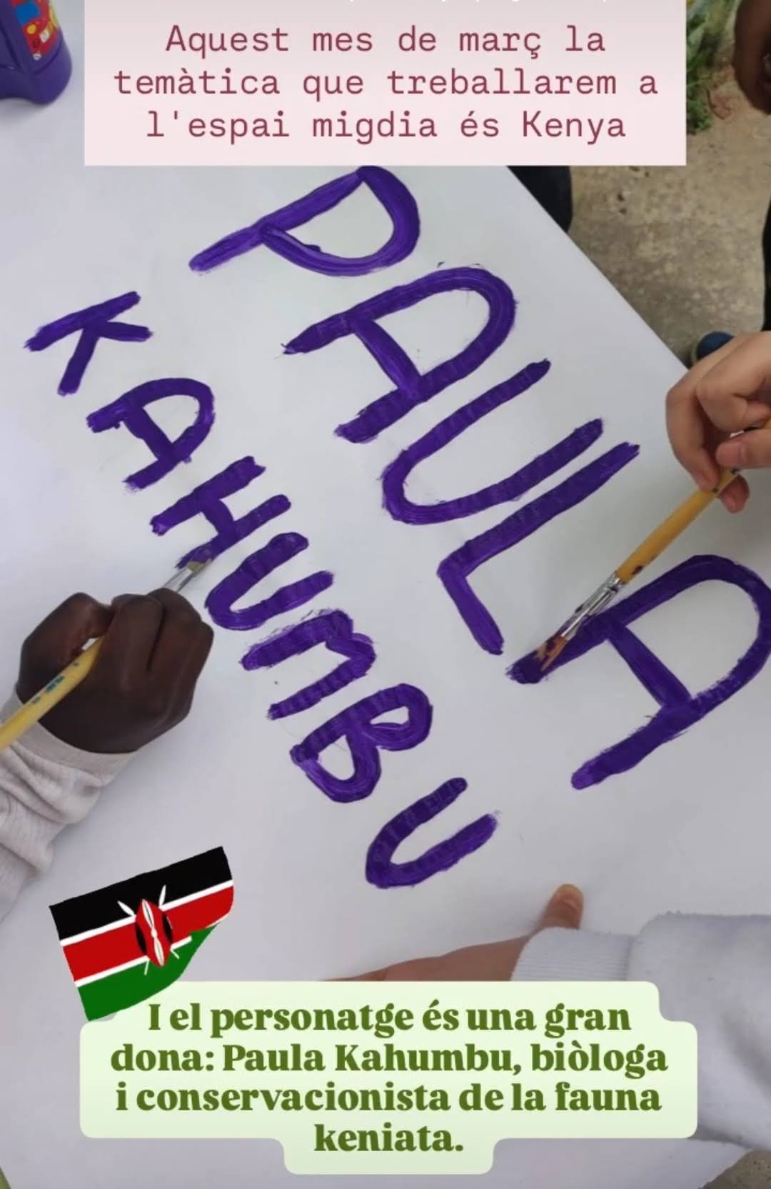 Retall stories. Part superior "Aquest mes de març la temàtica que treballarem a l'espai migdia és Kenya" A baix, "i el personatge és una gran dona: Paula Kahumbu, biòloga i conservacionista de la fauna keniata". La imatge deixa veure com s'està fent una pancarta amb el nom de Paula Kahumbu amb llestres liles sobre blanc. Es veuen les mans de dos infants, que tracen les lletres.