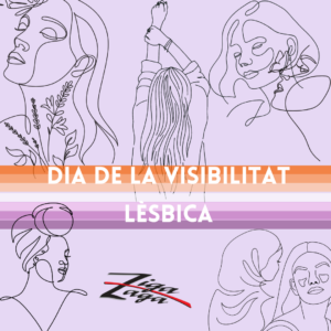 Imatges lineals de dones diverses sobre fons malva i banner central de la bandera lèsbica amb el text "Dia de la Visibilitat lèsbica"