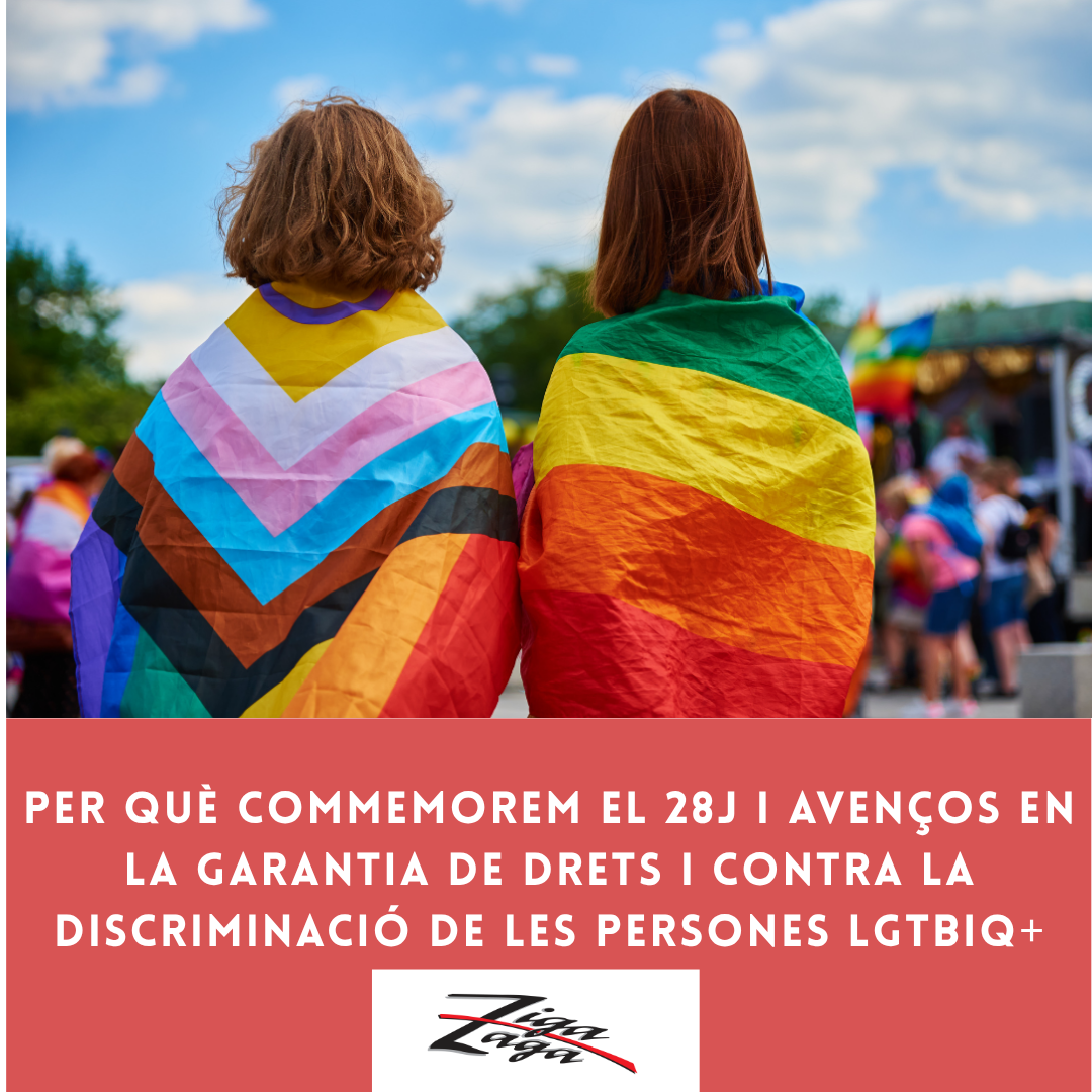 Dues persones d'esquena en un acte públic al carrer. Cel blau amb alguns núvols blancs. La persona de l'esquerra porta a l'esquena la bandera lgtbiq+ inclusiva (amb cercle intersex, bandera trans i franges negra i marró). La de la dreta porta a l'esquena la bandera de l'arc de sant martí.