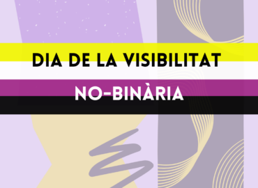 Bandera no binària sobre fons estil geomètric amb els colors de la bandera; groc, blanc, lila i negre.