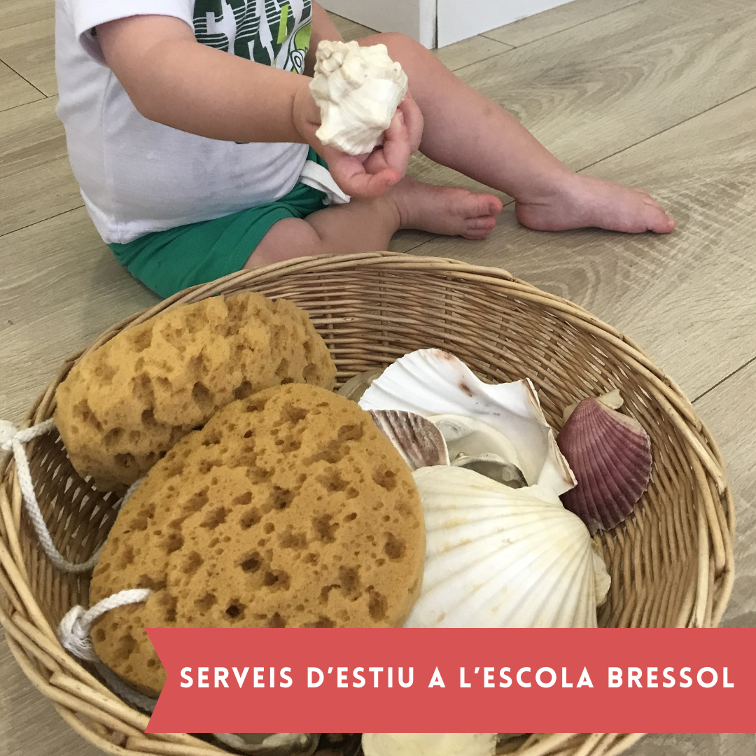 Infant manipulant un cargol de mar i una panera dels tresors amb elements del mar