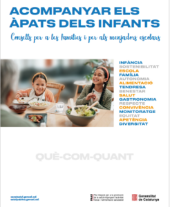 Títol color blau lletra majúscula; subtítol lletra lligada; a sota doto de dues nenes somrient assegudes a taula amb un adult davant que es veu d'esquena parcialment. Al costat de la foto les paraules infància, sostenibilitat, escolar, família, autonomia, alimentació, tendresa, benestar, salut, Gastronomia, respecte, convivència, monitoratge, equitat, apetència, diversitat. A sota, en lletra majúscula gris: QUÈ-COM-QUANT. Logos institucionals a peu de pàgina.