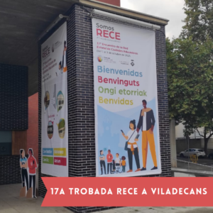 Columna-mur de l'Atrium amb el Cartell de la 17a Trobada de la RECE a Viladecans. Banner amb el títol de la notícia