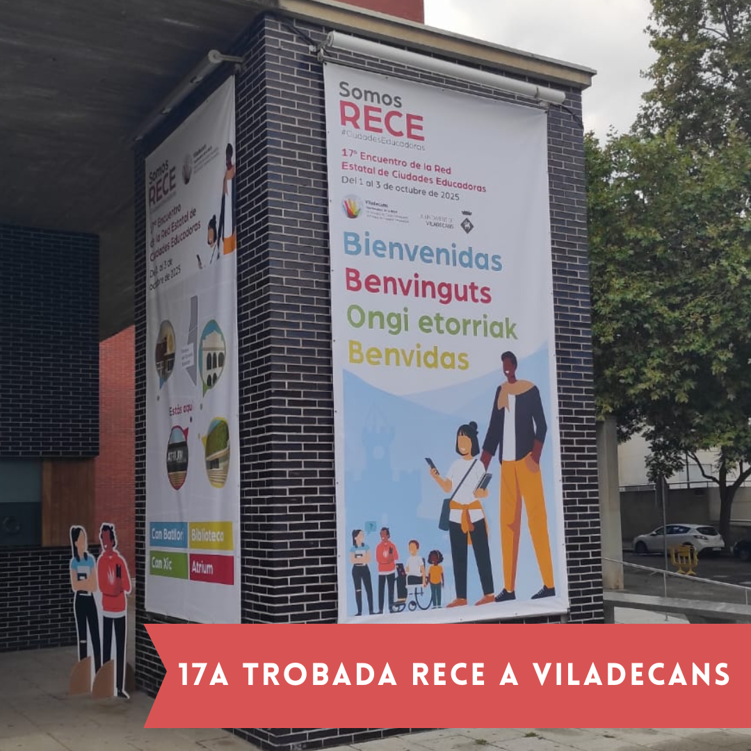 Columna-mur de l'Atrium amb el Cartell de la 17a Trobada de la RECE a Viladecans. Banner amb el títol de la notícia